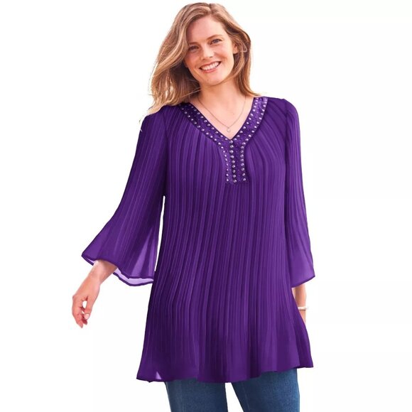 Woman Within Plus 5x 38/40 Embellished Pleated Blouse Purple Bell Sleeve NWOT - Picture 1 of 9